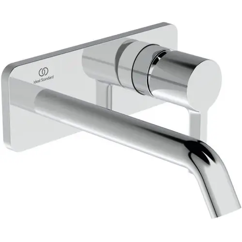 Wandmontierte Armatur mit einem runden Bedienelement und einem langen, gebogenen Auslauf in Chrom. Produkt von Ideal Standard.